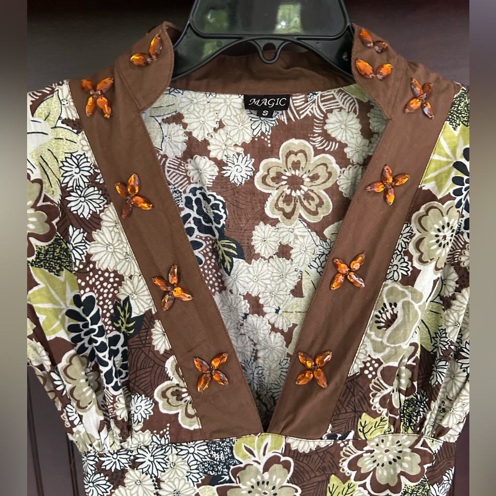 Y2K MAGIC Babydoll Brown Floral Beaded Dress Fairy Grunge Retro Indie Boho Sz S - Picture 9 of 16